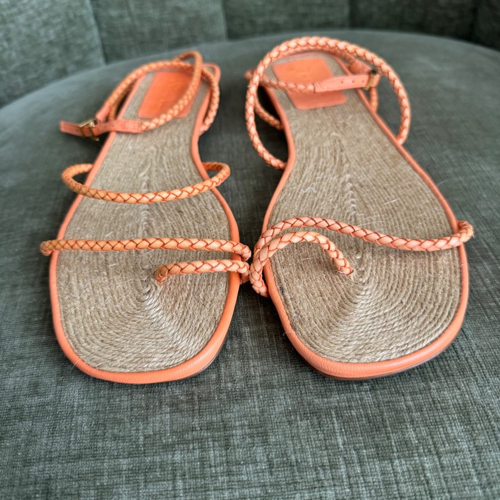 Schutz Women Kaya Straw Flat Sandals 8.5 Orange Coral Beachy Chic Vacation Shoes